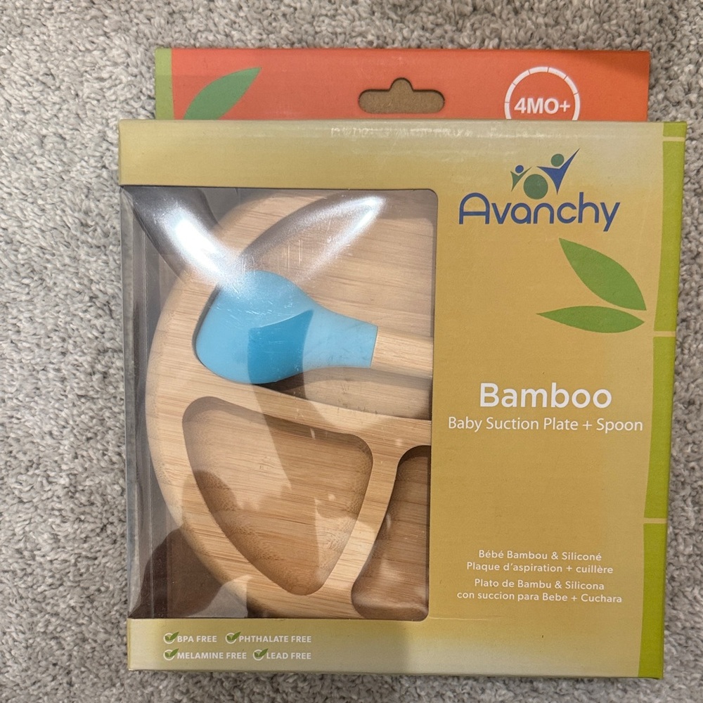 Bamboo Baby Suction Plate + Spoon - Natural Bamboo & Blue